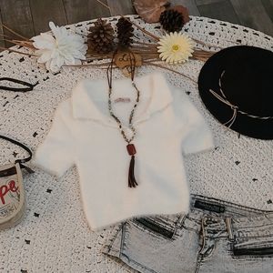 NEW SUMMER BOHO FUZZY SEXY WHITE V NECK SM TOP